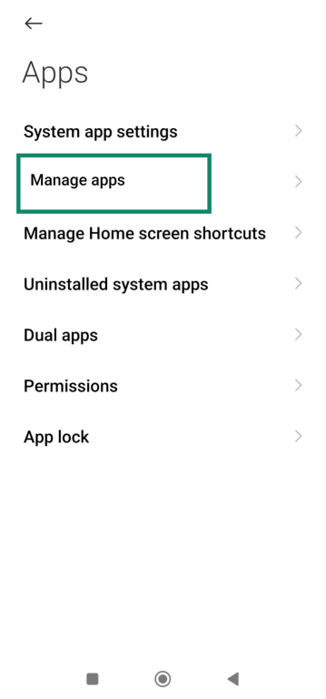 Apps menu in Android settings with 'Manage apps' highlighted