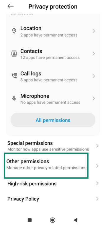 Android Privacy screen with Other permissions highlighted.