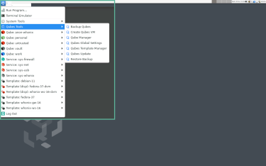 Qubes interface, with visible taskbar and a background wallpaper