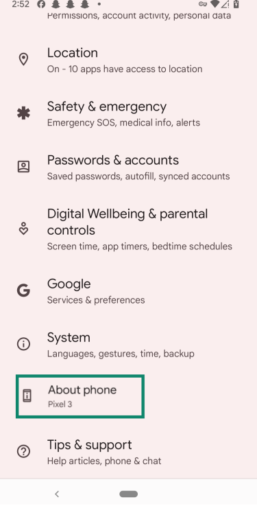 Android screen showing the main Settings menu with the "About phone" option highlighted.