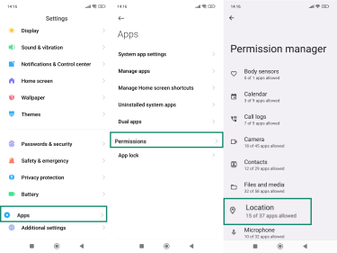 Android Settings menu with the Apps option highlighted (left), the Apps menu with Permissions option highlighted (middle), and the Permission manager menu with the Location option highlighted (right)