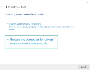 Windows driver update screen with options to search automatically or browse computer for drivers