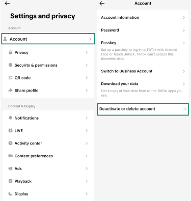 Screenshot showing how to access the Account menu in TikTok's settings (left) and deactivate or delete your account in the Account menu (right)