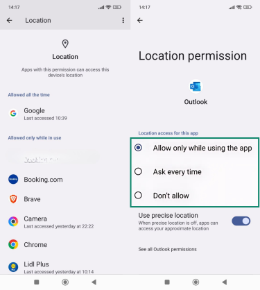 A list of Android apps with their level of location access (left) and location access for Outlook with all options visible (right)