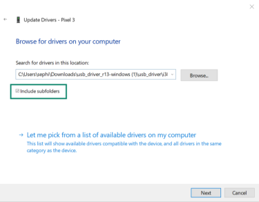 Windows driver update folder path include subfolders checked