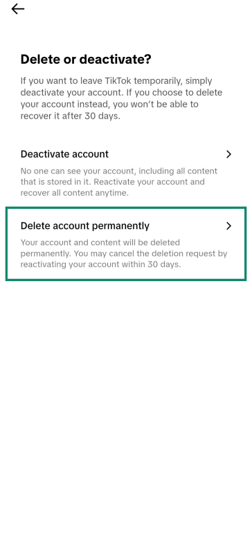 Screenshot showing how to start deleting your TikTok account on a mobile device