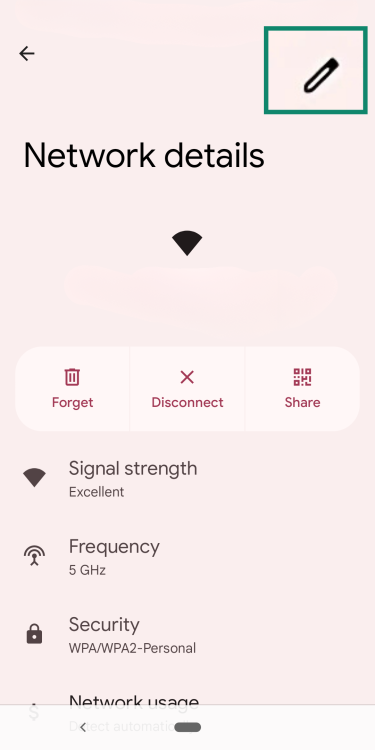 Android's Network details menu, with the Edit icon highlighted.