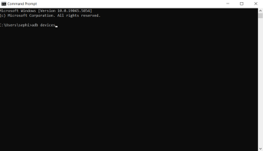 Command Prompt showing the adb devices command with connected Android device serial number displayed