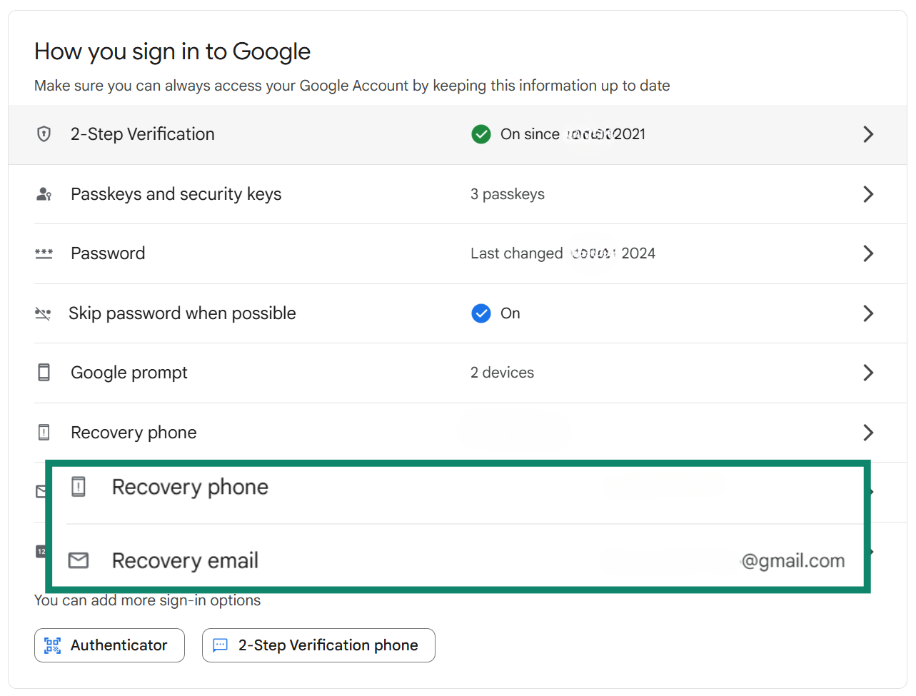 The Google Account security settings page shows the "Recovery phone" and "Recovery email" sections are highlighted, indicating that you need to add them.