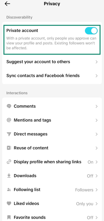 Screenshot showing how to enable the Private account feature from TikTok's settings