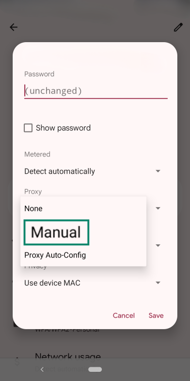 The Android proxy menu with an emphasis on the Manual option.