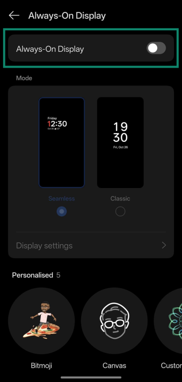 Screenshot showing how to enable the Always-On Display on a OnePlus device