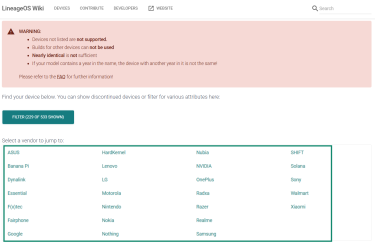 LineageOS device list and vendor filter page with support warning
