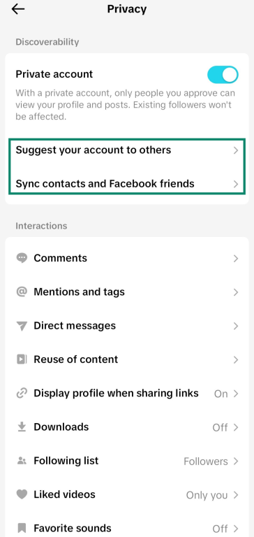 Screenshot showing how to access the sync and suggestion menus through TikTok's privacy settings