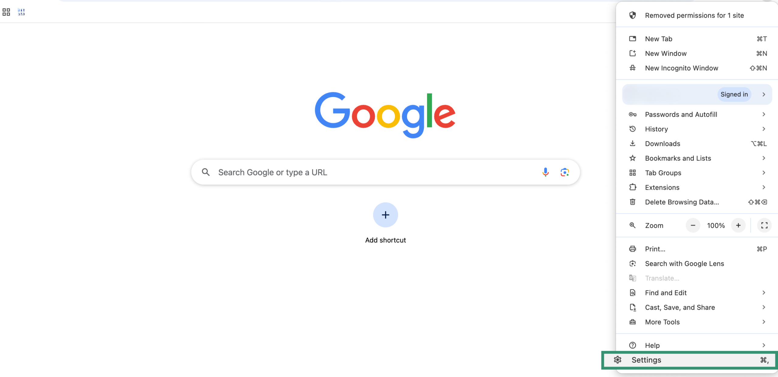Settings menu on Chrome.