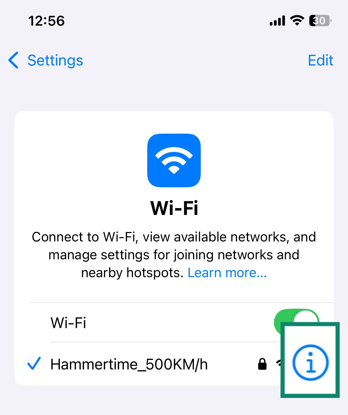 Tap the network's information icon to reveal its DNS settings dashboard.