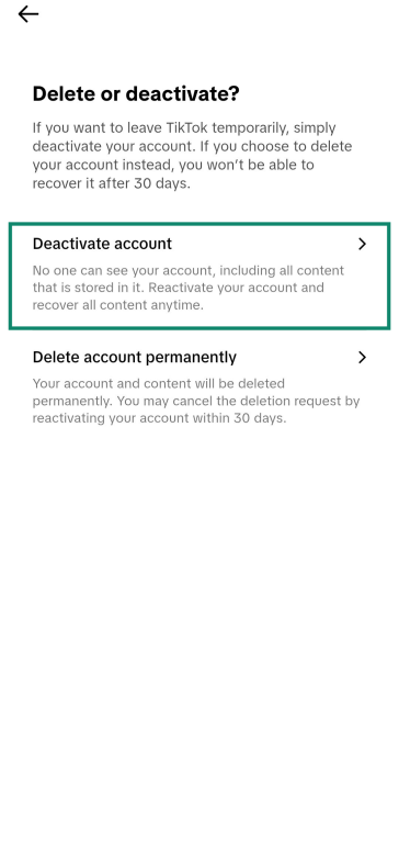Screenshot showing how to deactivate a TikTok account instead of deleting it