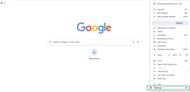 Settings menu on Chrome.