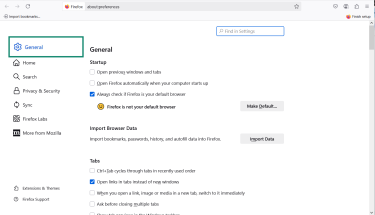 The Firefox Settings menu with General highlighted.