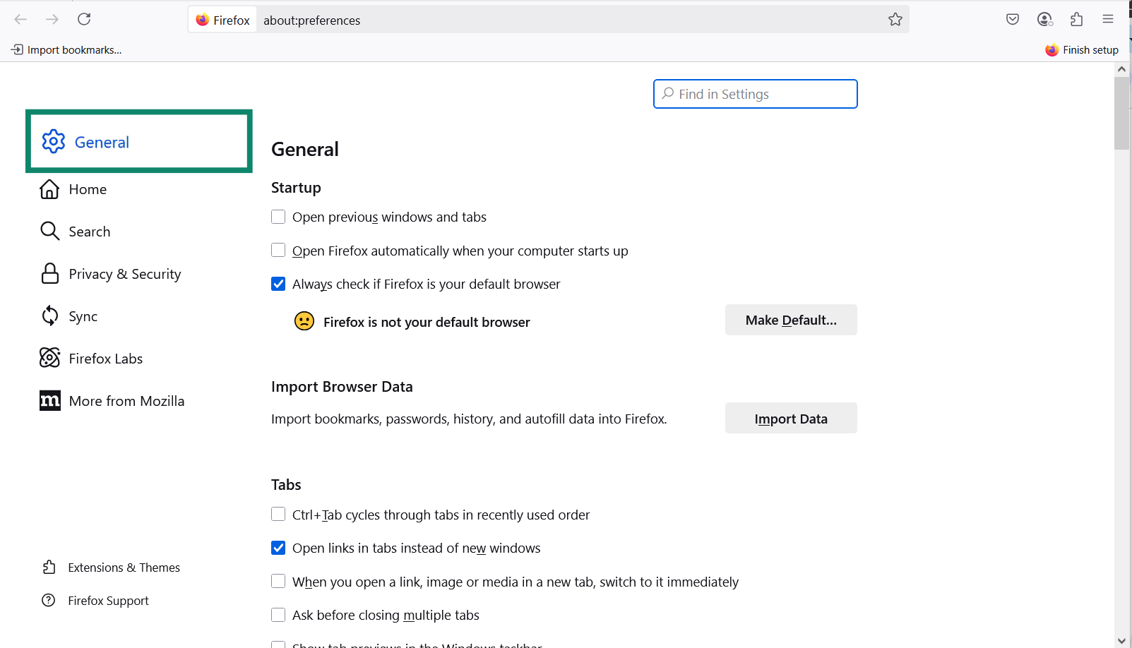 The Firefox Settings menu with General highlighted.