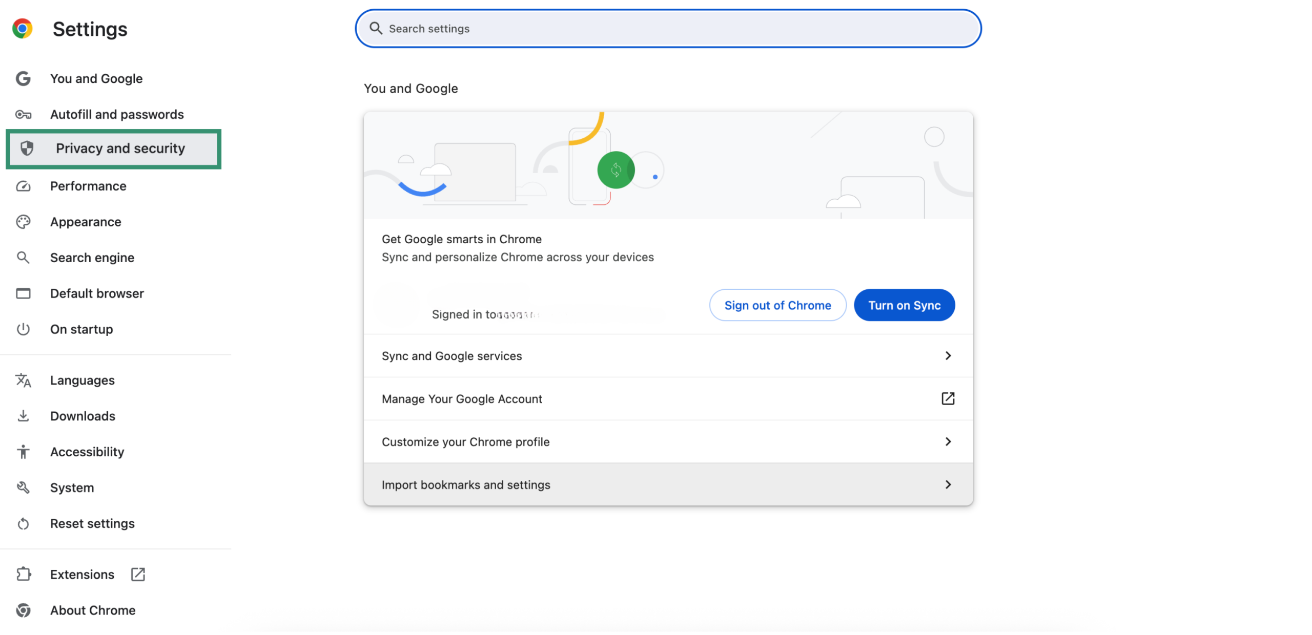 Privacy and security setting in Chrome.