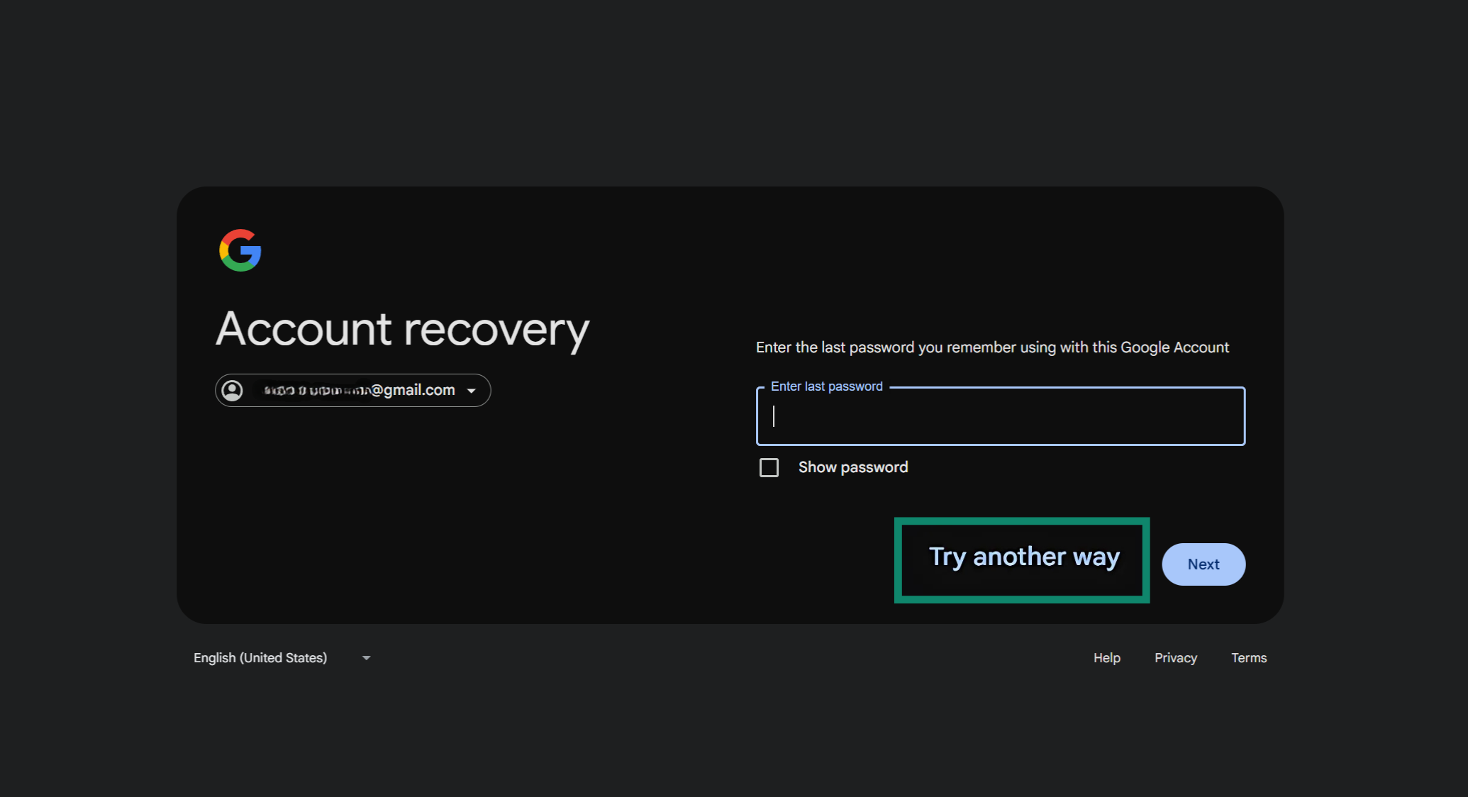 Google Account Recovery page showing the "Try another way" option highlighted.