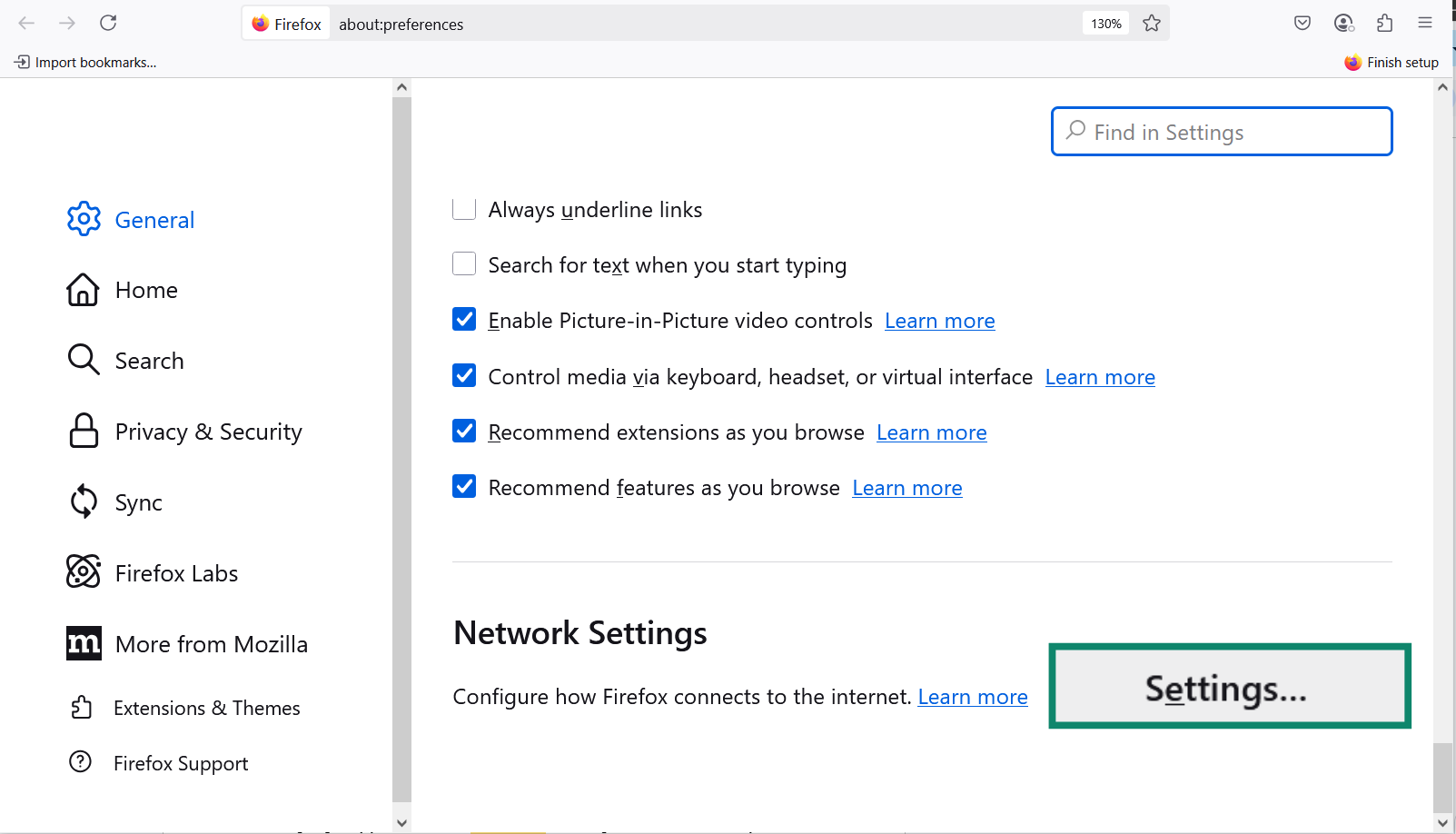 The Firefox Settings menu scrolled down to the bottom, with Network Settings highlighted.