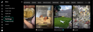 Screenshot showing how to access the settings menu in TikTok's desktop website