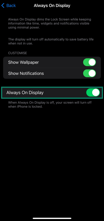 Ensuring the Always On Display is enabled on an iPhone

