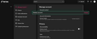 Screenshot showing how to begin the account deletion process on TikTok's desktop website