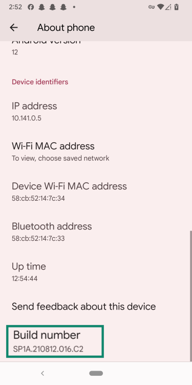 The Android "About phone" settings showing the "Build number" option to enable Developer options.