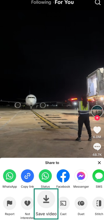 Screenshot showing how to save a TikTok video through the Share menu