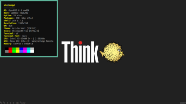 OpenBSD interface, with visible specs and a background wallpaper