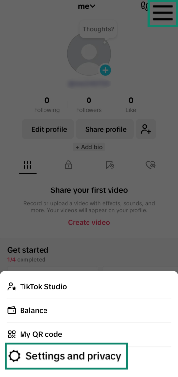 Screenshot showing how to access TikTok's Settings and privacy menu