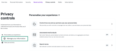 Yahoo Privacy controls menu with the Manage your information option highlighted.