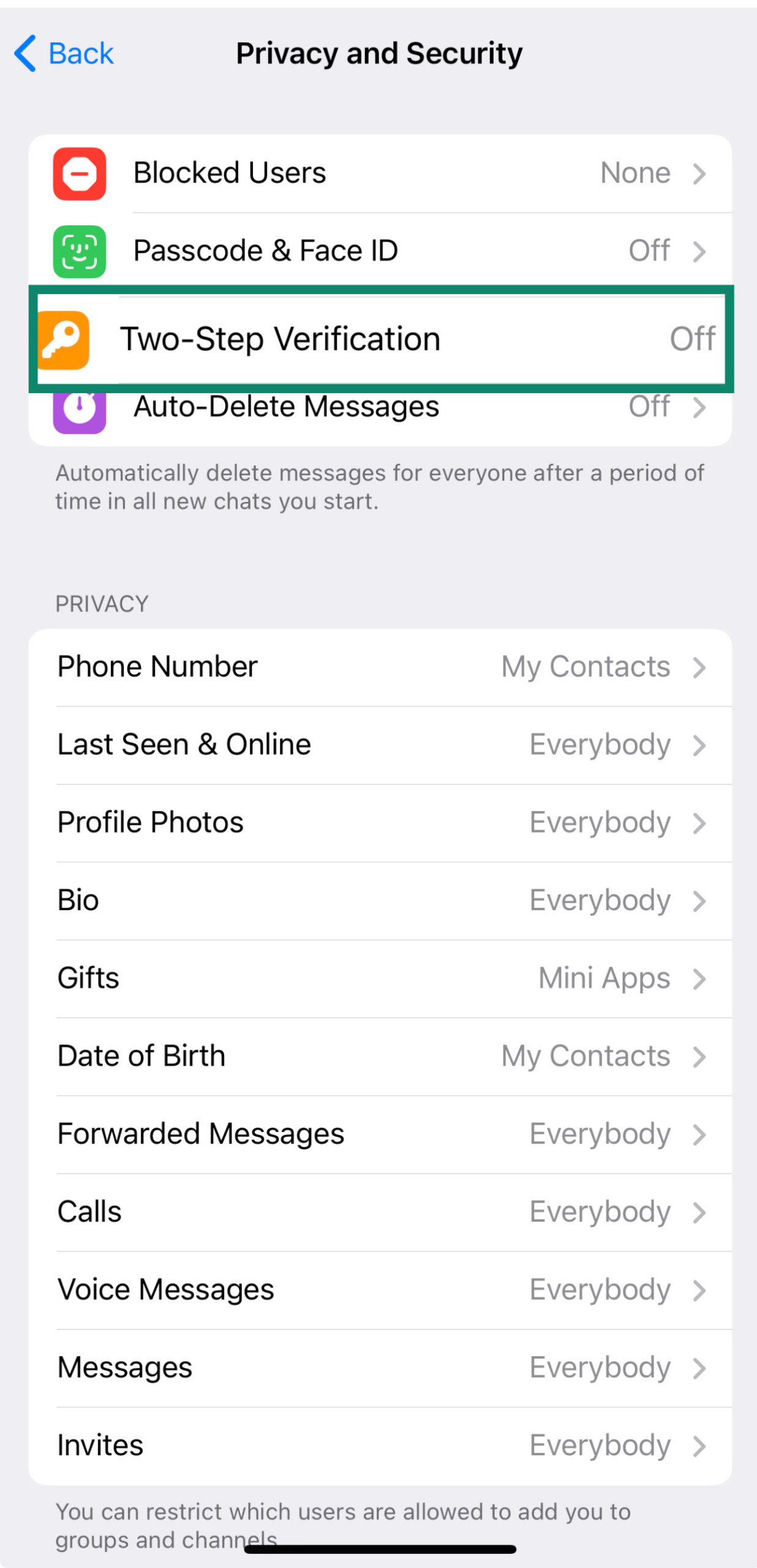 Telegram's Privacy and Security settings highlighting Two-Step Verification.
