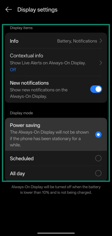 Screenshot showing how to customize Always-On Display Settings on OnePlus