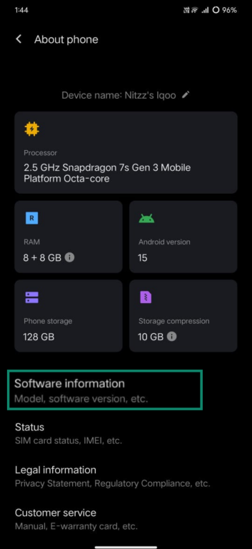 Android's About phone settings opened with Software information highlighted