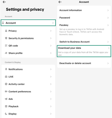 Screenshot showing how to access the Account menu in TikTok's settings (left) and download your data in the Account menu (right)