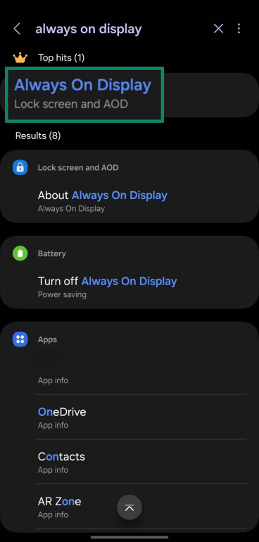 Searching for the Always On Display feature in a Samsung phone's settings menu