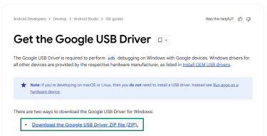 Official page to download Google USB driver for Windows.