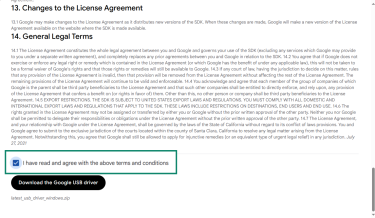 Google USB driver license agreement acceptance and download button.