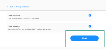 The Yahoo data download confirmation screen, showing the tick boxes to select data to download, and the Next button highlighted.