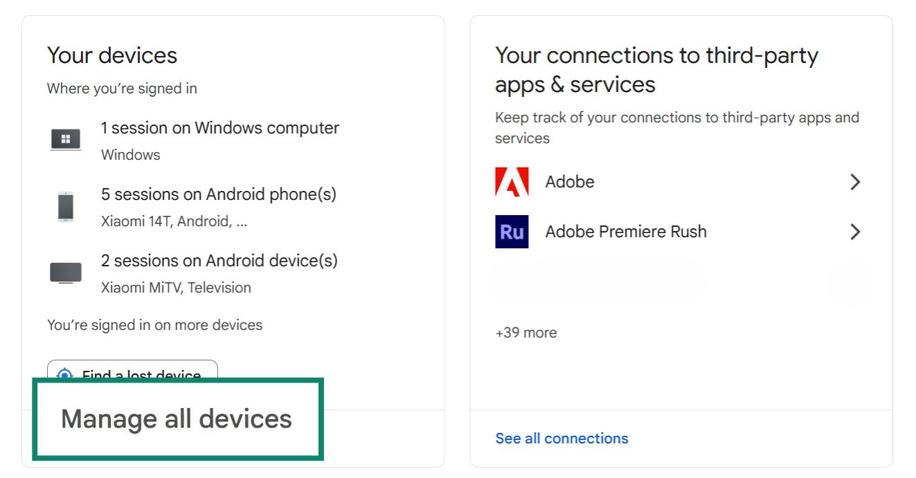 Google Account Security page showing the "Manage all devices" option highlighted.