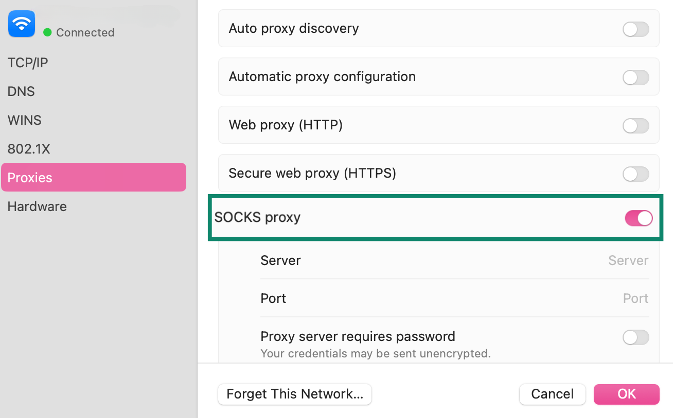 The macOS Proxies tab with SOCKS proxy toggled on