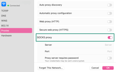 The macOS Proxies tab with SOCKS proxy toggled on