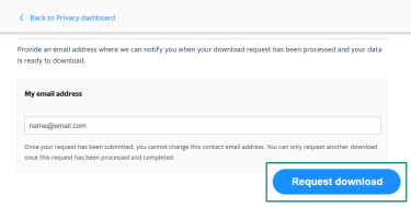 The Yahoo data download confirmation screen, showing the field to enter a notification email and the highlighted Request download button.