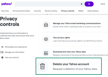Yahoo Privacy Controls Dashboard, with the Delete your Yahoo account option highlighted.