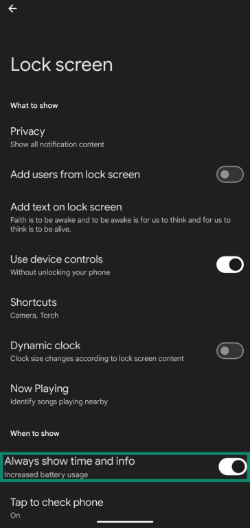 Enabling the Always On Display through the Lock screen menu in a Google Pixel device