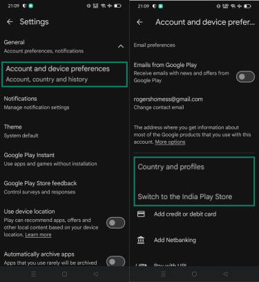 Google account Settings menu with Account and device preferences option highlighted (left) and Google Play Store Country and profiles option (right)